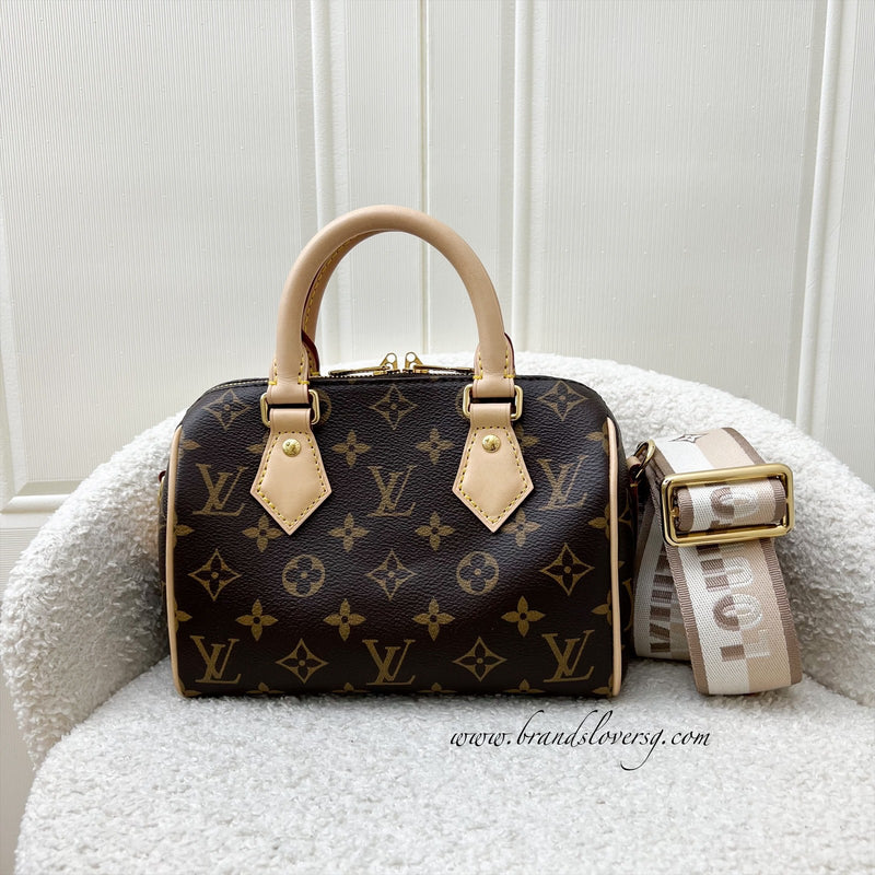 LV Speedy Bandouliere 20 in Monogram Canvas and Beige Patterned Strap