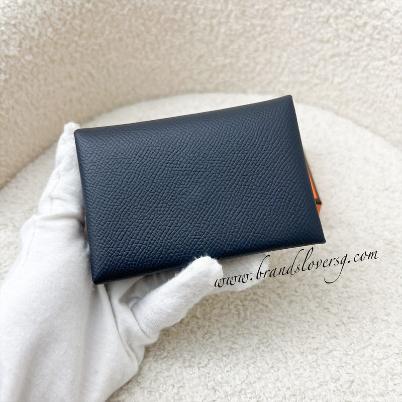 Hermes Calvi Duo Card Holder in Bleu Indigo Epsom Leather