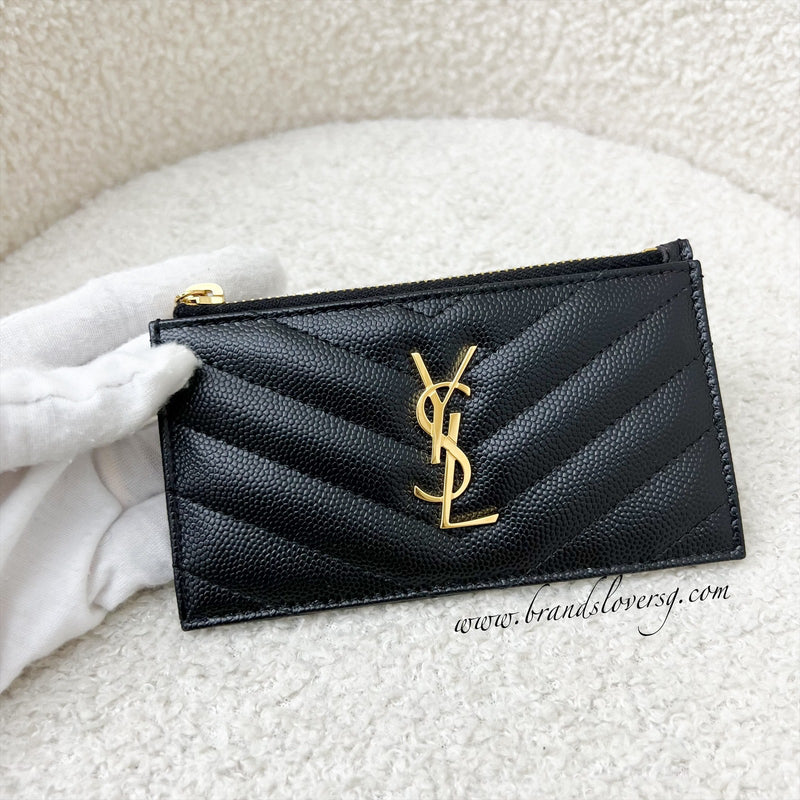 Saint Laurent YSL Monogram Zip Cardholder in Black Grained Leather GHW