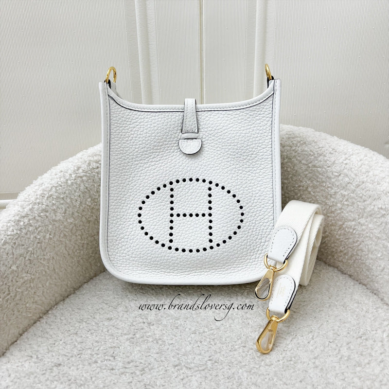 Hermes Mini Evelyne 16 in New White Clemence Leather, Canvas Strap and GHW