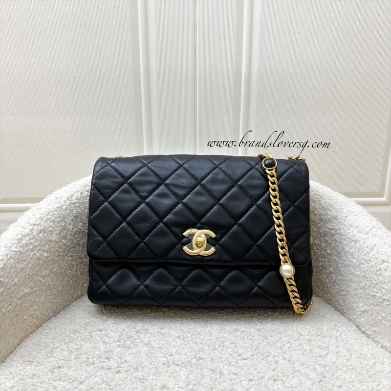 Chanel Seasonal Medium Flap with Imitation Pearl and Black Resin Chain in Black Lambskin and GHW (23cm) (Model: AS3480)