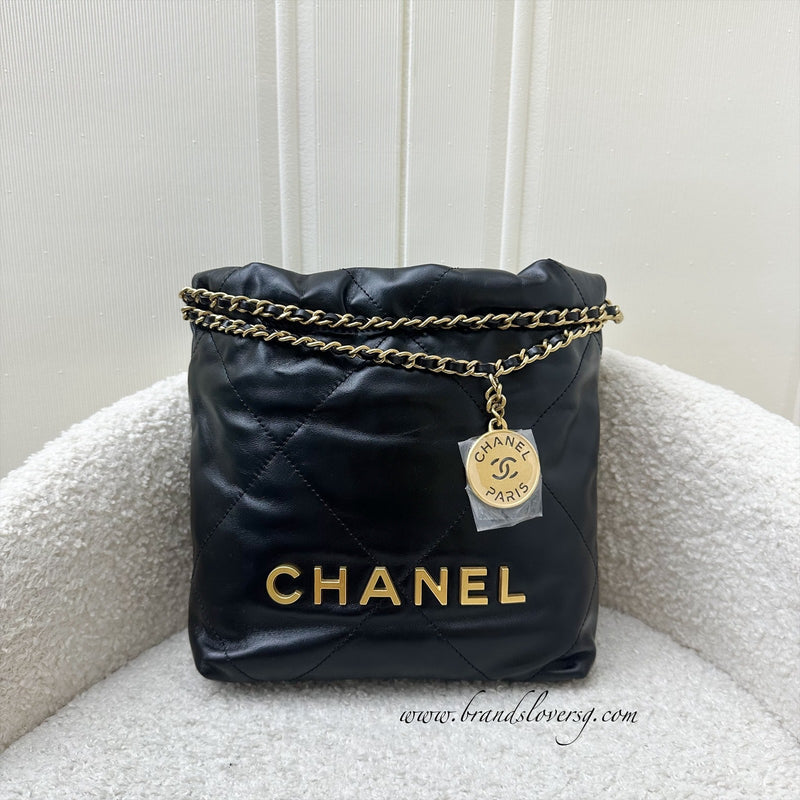 Chanel 22 Mini Hobo Handbag in Black Shiny Calfskin and AGHW