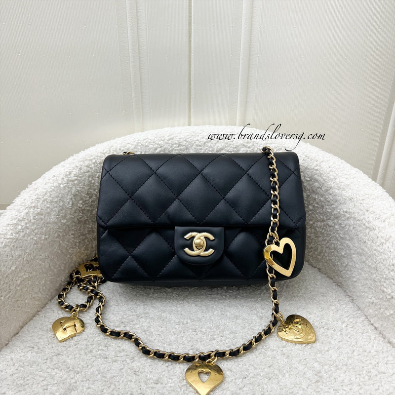 Chanel 22B Small Flap Bag with Heart Charms in Black Lambskin and AGHW