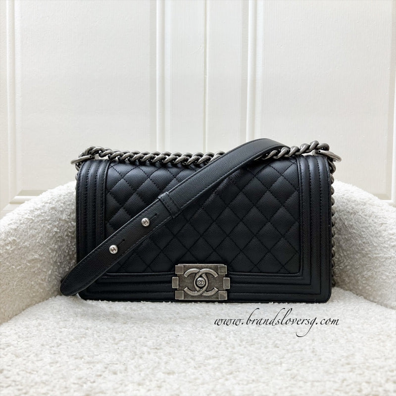 Chanel Medium 25cm Boy Flap in Black Caviar and RHW (Model: A67086)
