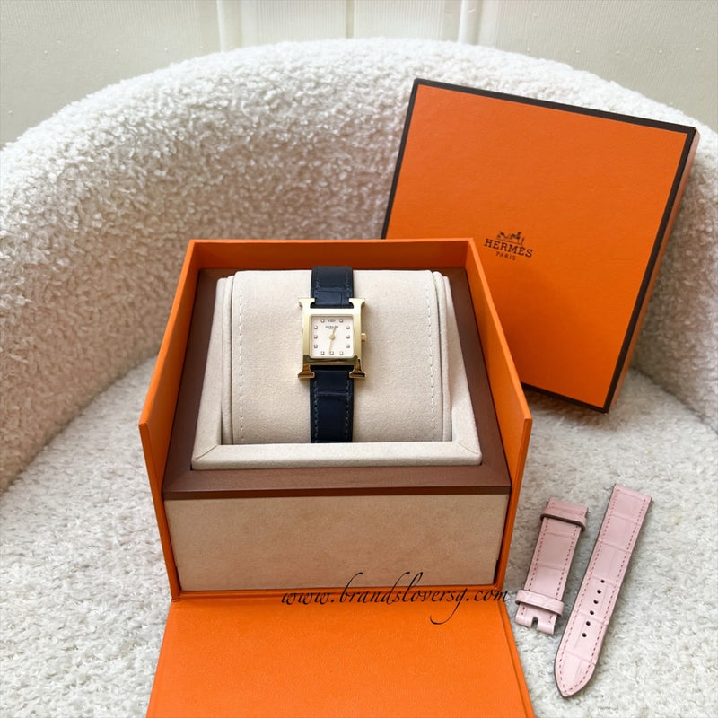 Hermes Heure H PM Watch with Diamond Markers, Gold Plated Case with Rose Pale and Dark Blue Alligator Strap