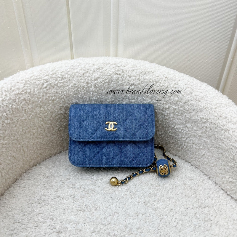 Chanel 22C Pearl Crush Flap Coin Purse / Card Holder in Denim and AGHW