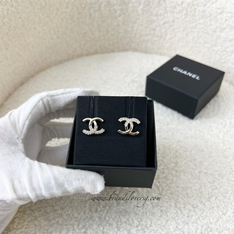 Chanel CC Logo Earrings in SHW with Crystals