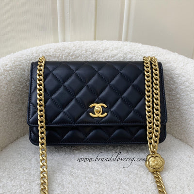 Chanel 23S Camellia Pearl Crush Wallet on Chain WOC in Black Lambskin AGHW