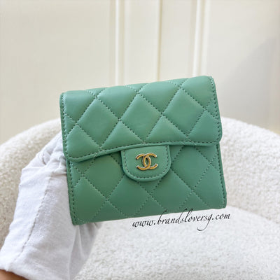 Chanel Classic Compact Trifold Wallet in Green Lambskin and LGHW