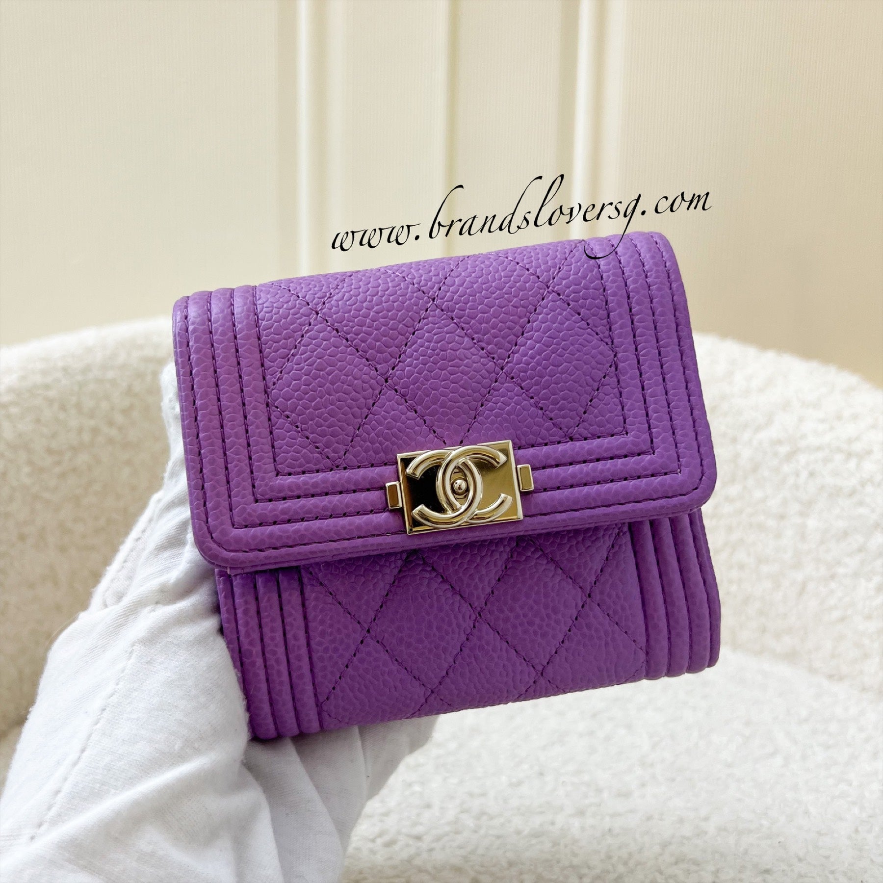 Chanel Boy Compact Trifold Wallet in 20C Purple Caviar and Shiny