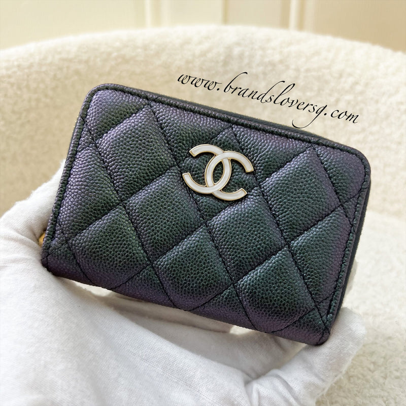 Chanel Classic Zippy Card Holder in Iridescent Black / Grey Caviar with "MOP" Logo