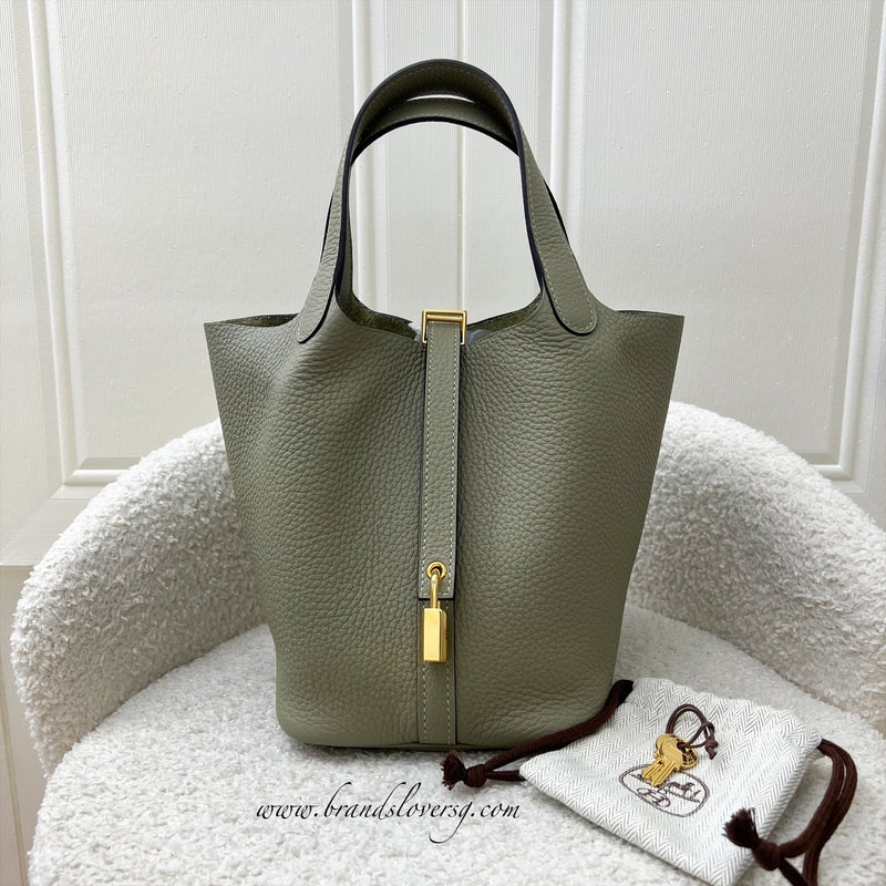 Hermes Picotin 18 in Sauge (Sage) Clemence Leather and GHW