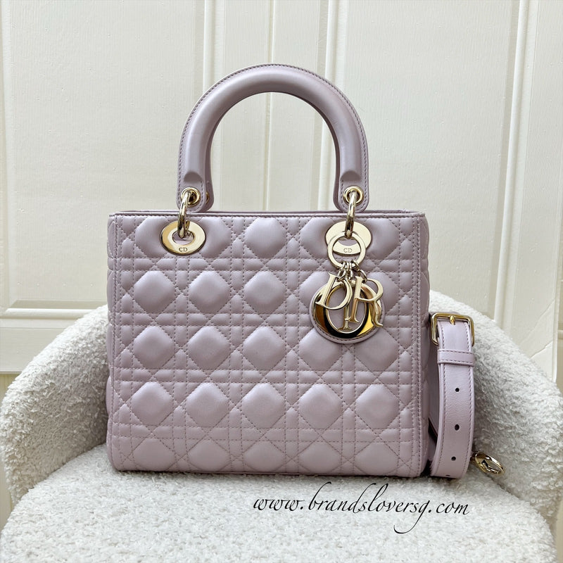 Dior Medium Lady Dior in Iridescent Lotus Pink Lambskin and LGHW (New Flap Closure) (Model: M0565OBDU)