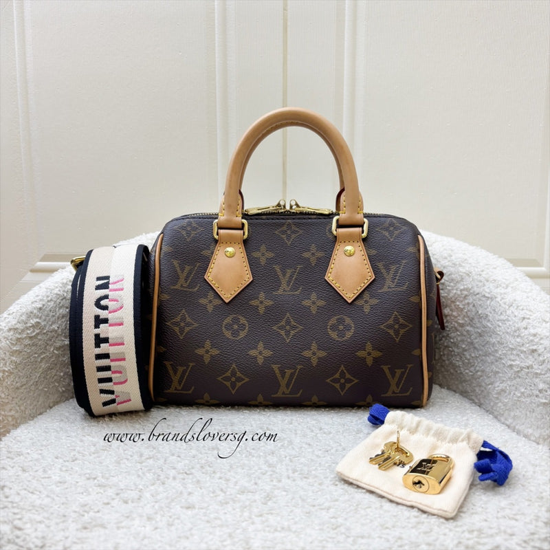 LV Speedy Bandouliere 20 in Monogram Canvas and Black Patterned Strap (Model: M46234)