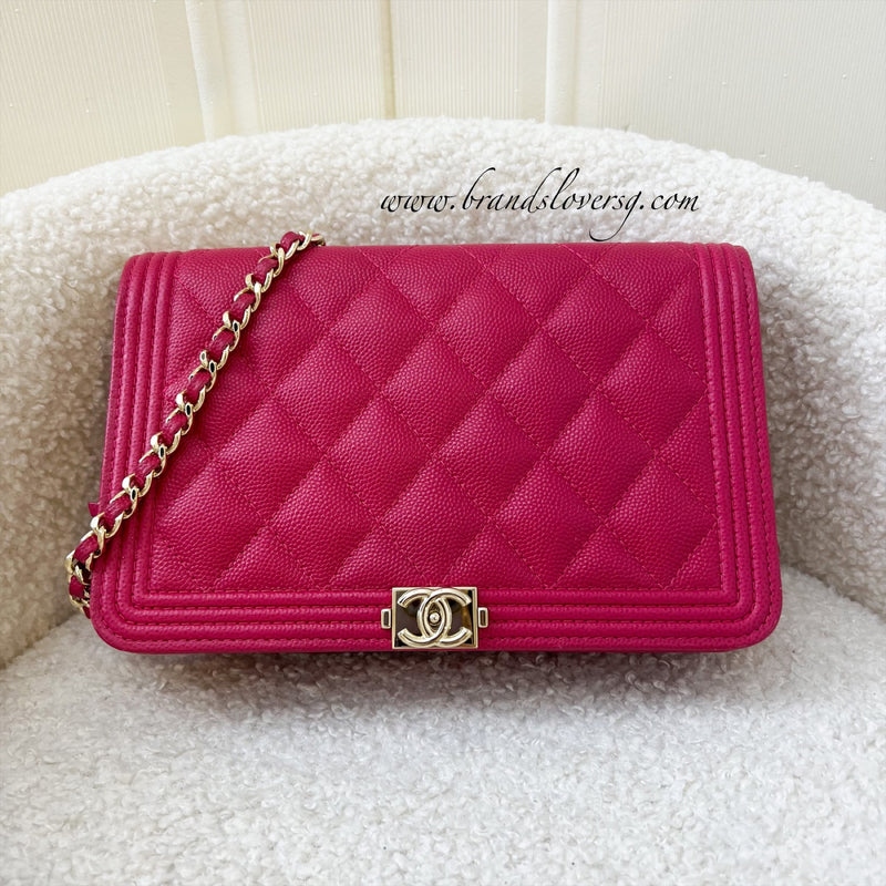Chanel Boy Wallet on Chain WOC in Hot Pink Grained Calfskin (Caviar) in Shiny GHW