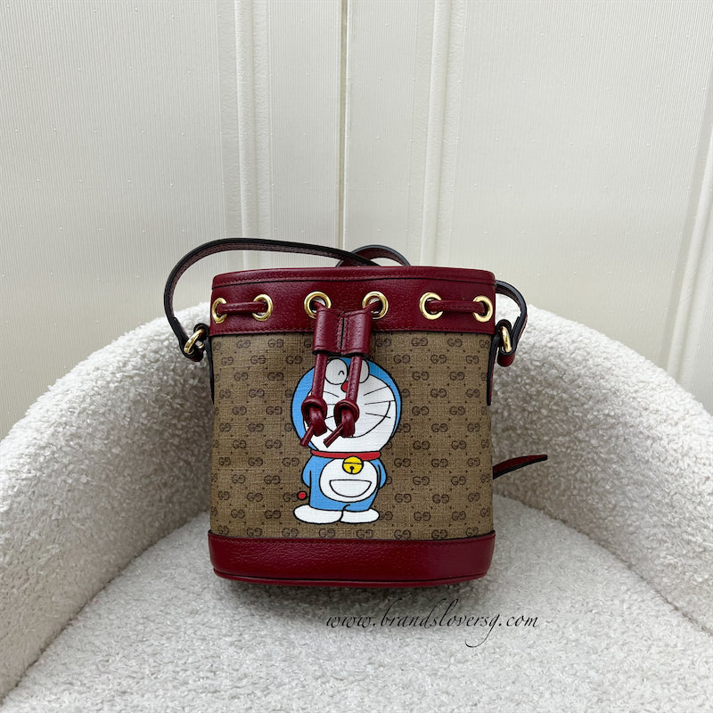 Gucci X Doraemon Small Bucket Bag in Signature Canvas, Red Calfskin and GHW