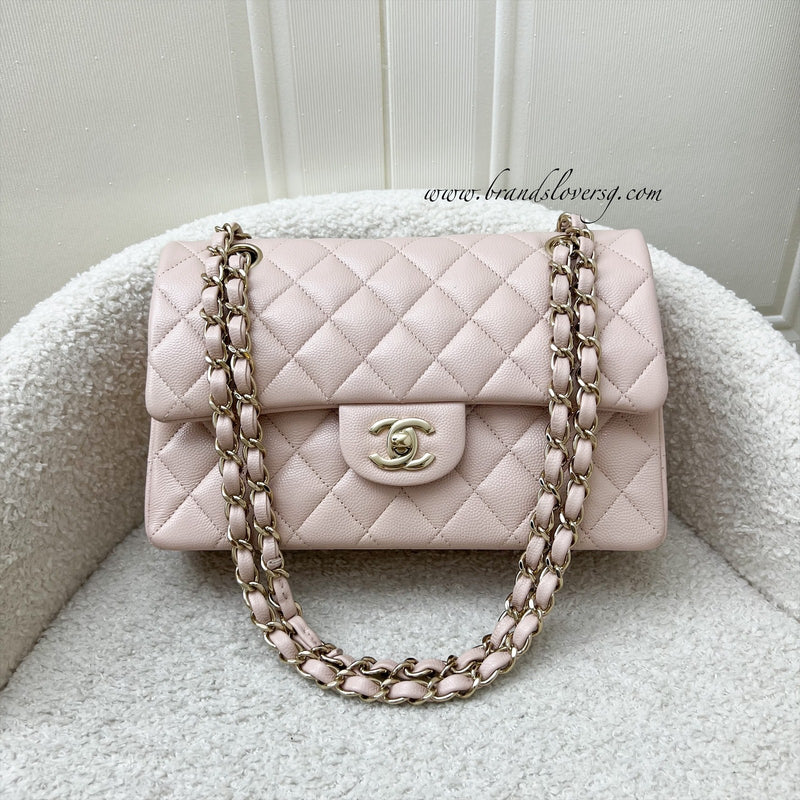 Chanel Small Classic Flap CF in 21C Rose Clair Light Pink Caviar and LGHW