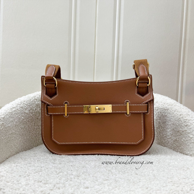 Hermes Jypsiere Mini in Gold Evercolor Leather, Canvas Strap and GHW