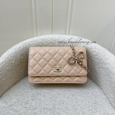 Chanel 23S Ribbon Chain Wallet on Chain WOC in Beige Caviar LGHW