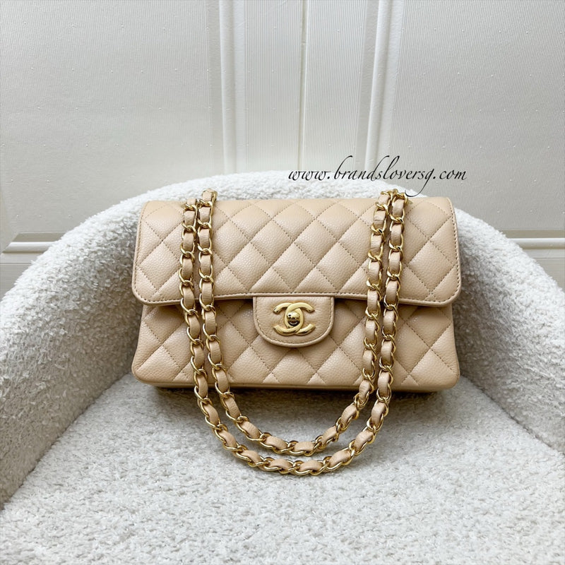 Chanel Small Classic Flap CF in Beige Caviar and LGHW