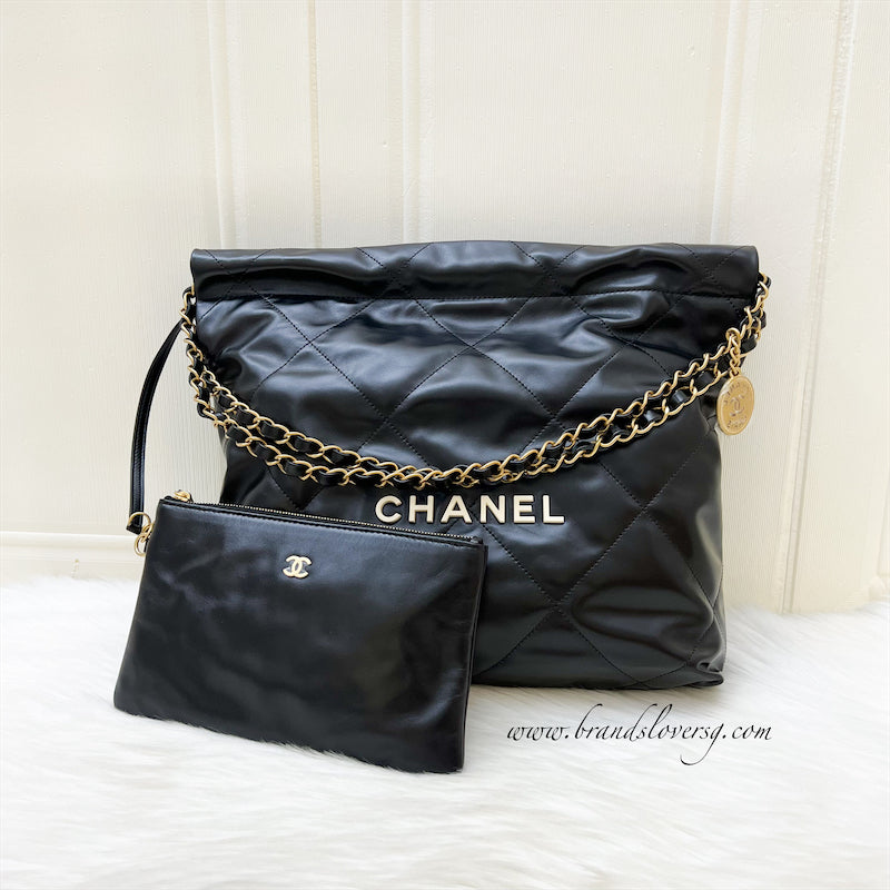 Chanel 22 Small Hobo Bag in Black Shiny Calfskin, White Logo and AGHW