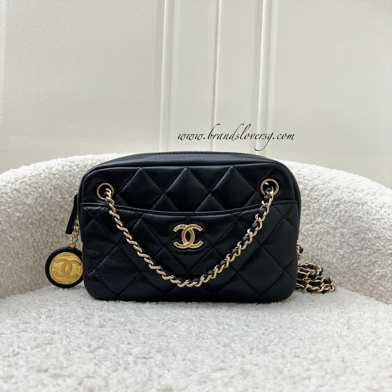 Chanel 24K Gold Medallion Mini Camera Bag in Black Lambskin and GHW