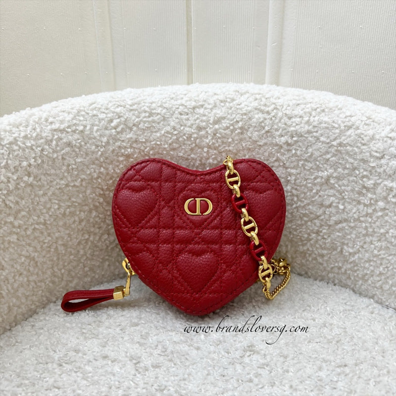 Dior Caro Heart Pouch with Chain in Red Calfskin and GHW