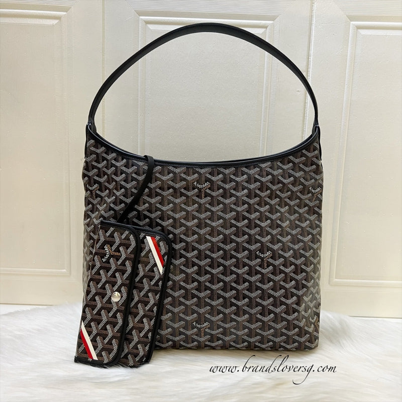[Local Set - Apr 2025] Goyard Boheme PM Hobo Bag in Black Signature Goyardine Canvas with Red / White Striped Stamp (Premarquage Bandes) on the Small Pouch