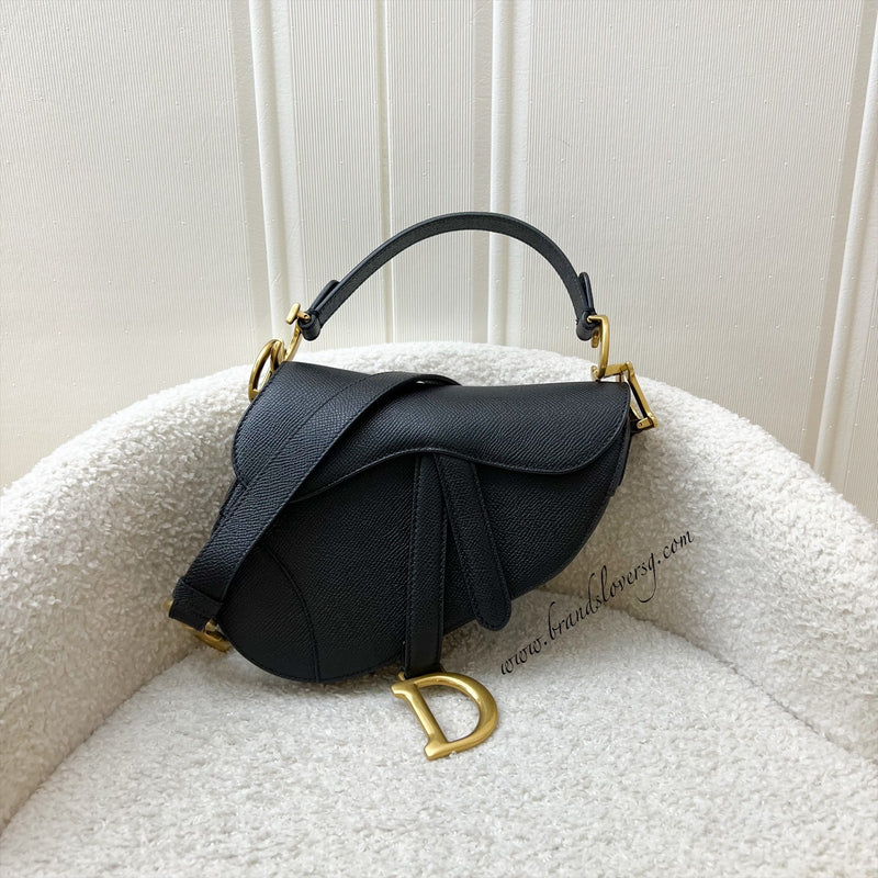 Dior Mini Saddle Bag In Black Grained Calfskin and GHW (Newer Version with Strap)