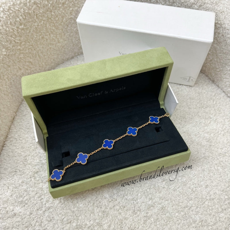 Van Cleef & Arpels VCA Vintage Alhambra 5 Motifs Bracelet with Blue Agate in 18K Yellow Gold (Ref: VCARP34900)