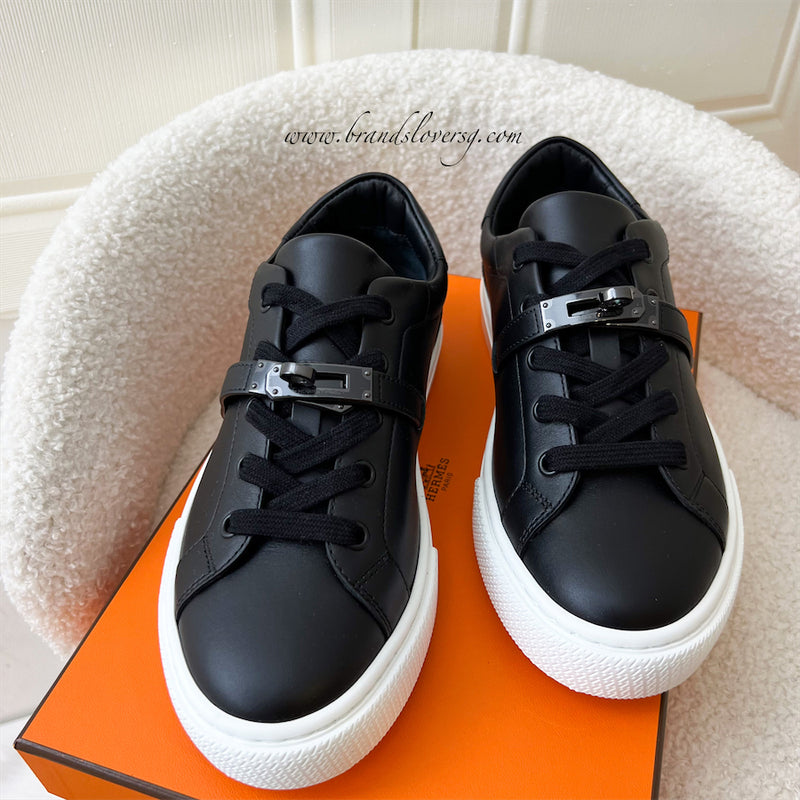 Hermes Day Sneaker in Black Calfskin with Shiny Black Kelly Buckle