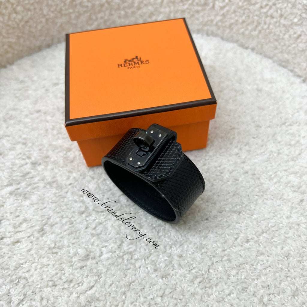 Hermes Kelly Twist So Black Bracelet in Black Lizard Leather and