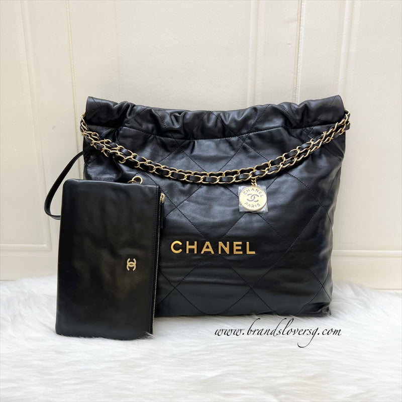 Chanel 22 Medium Hobo Bag in Black Calfskin and AGHW (Model: AS3261)