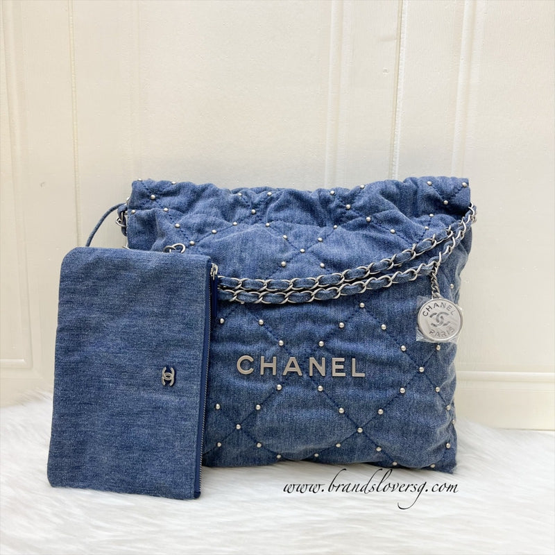 Chanel 22 Small Hobo Bag in 24S Studded Washed Denim and SHW (Model: AS3260)