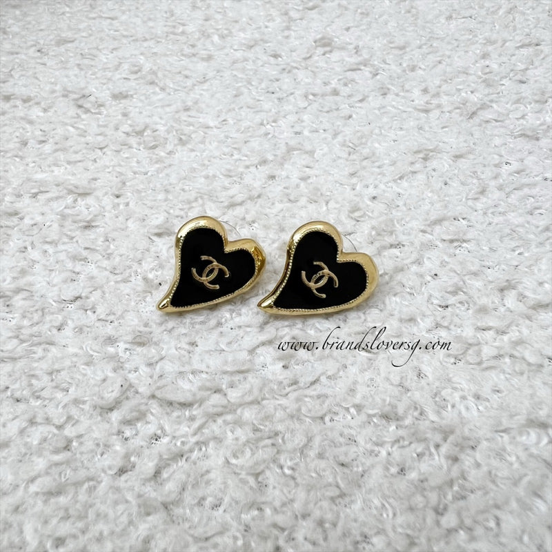 Chanel 22P CC Logo Heart Earrings in Black Enamel and AGHW