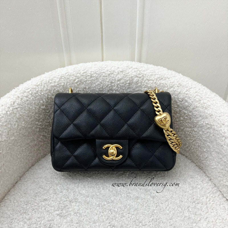 Chanel 23P Heart Adjustable Chain Mini 19cm Flap Bag in Black Caviar and AGHW