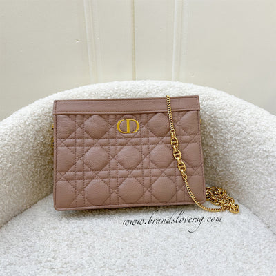 Dior Caro Zipped Pouch with Chain in Rose Des Vents Supple Cannage Calfskin and GHW