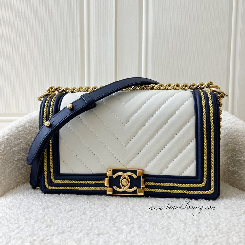 Chanel 19C Seasonal Boy Flap in Blue / White Quilted Calfskin with Golden Trip Rope GHW