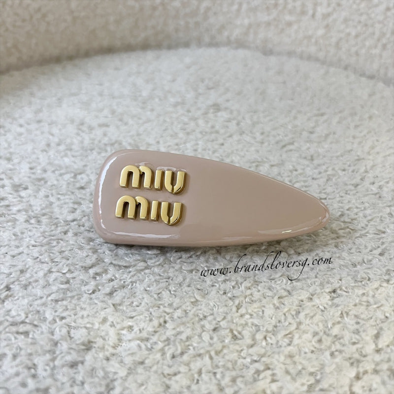 Miu Miu Gold Logo Hair Clip in Nude Beige Patent Leather with Gold French Barrette