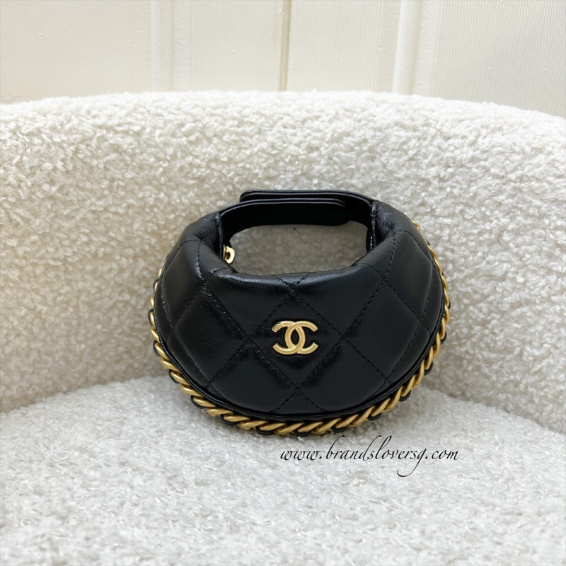 Chanel 25A Fortune Cookie Mini Pouch / Bag Charm in Black Shiny Crumpled Lambskin and AGHW