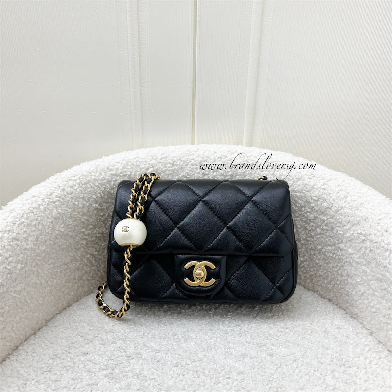 Chanel 24S Adjustable Pearls Chain Mini Flap in Black Lambskin and AGHW