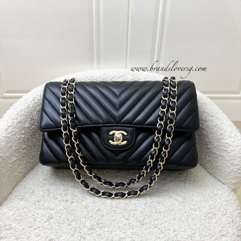 Chanel Medium Classic Flap CF in Chevron Quilted Black Lambskin and LGHW