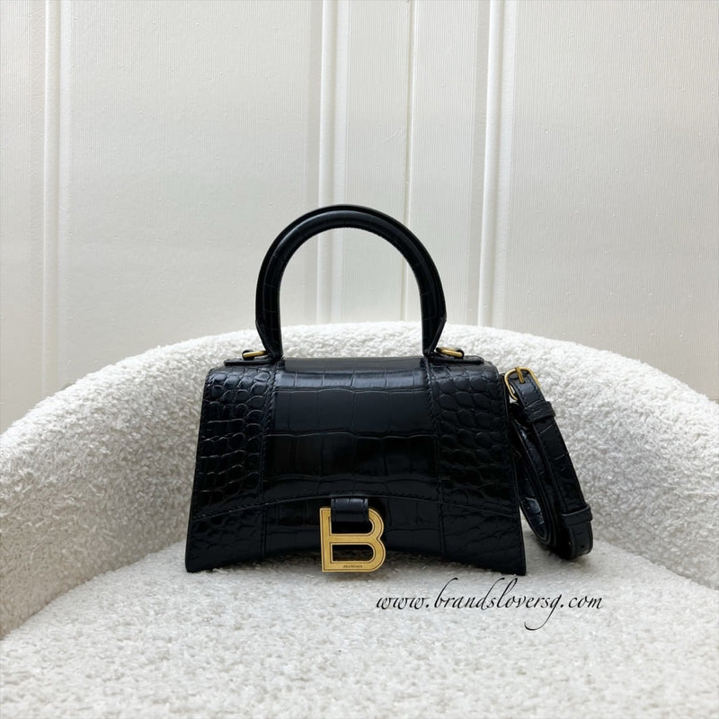 Balenciaga Hourglass XS Top Handle Handbag in Black Crocodile Embossed Calfskin and AGHW