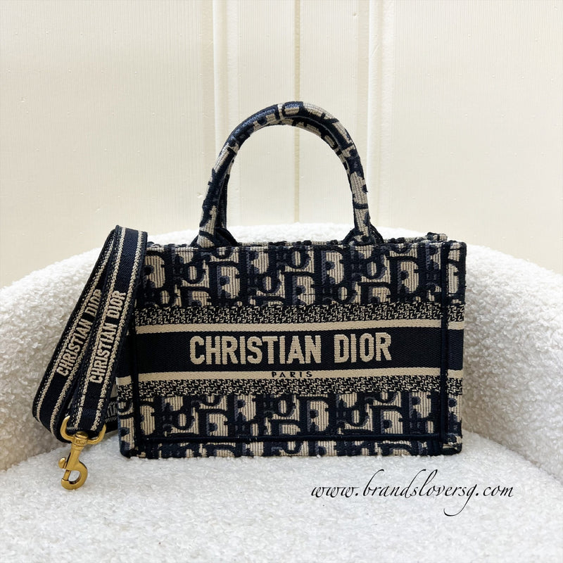 Dior Mini Book Tote with Strap in Blue and Beige Dior Oblique Embroidery Canvas