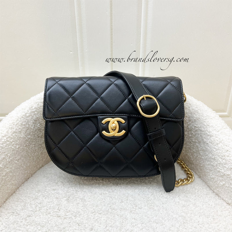 Chanel 21S Small Round Messenger Flap Bag in Black Calfskin and AGHW