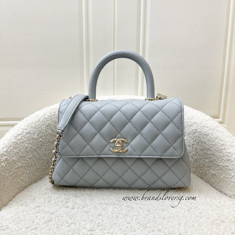 Chanel Small 24cm Coco Handle Flap Bag in 24P Light Grey Caviar and LGHW (A92990)