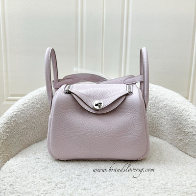 Hermes Mini Lindy in Mauve Pale Clemence Leather, White Interior and PHW