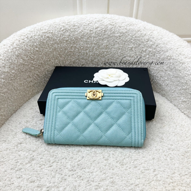 Chanel Boy Medium Mid Length Zippy Wallet in Tiffany Blue Caviar