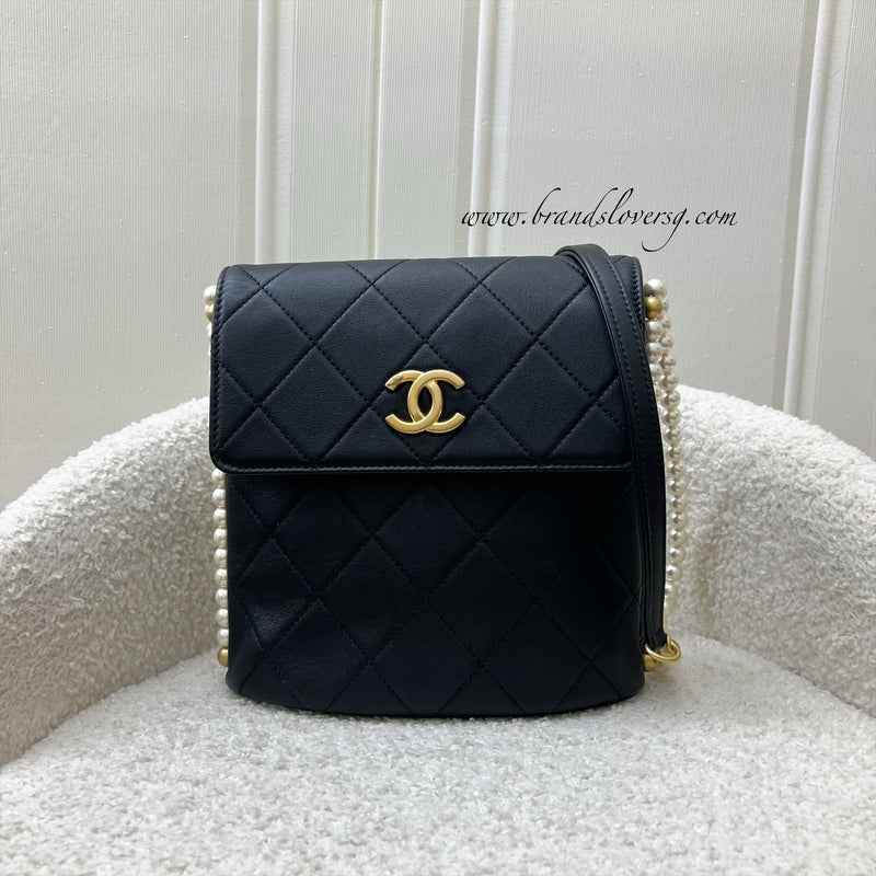 Chanel Pearl Chain North-South Flap Bag in Black Calfskin and AGHW (Model: AS2503)