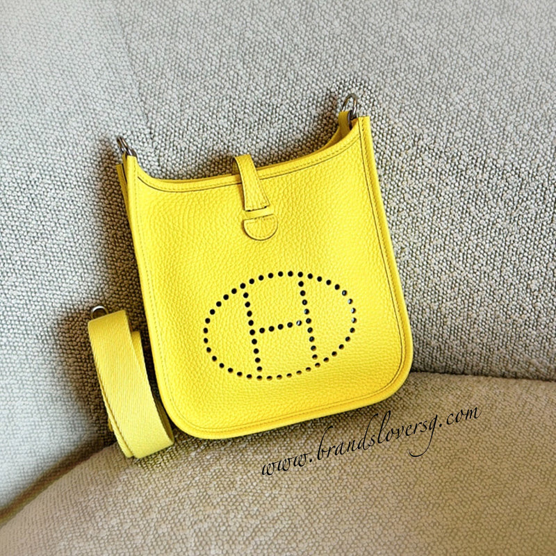 Hermes Mini Evelyne 16 in Limoncello Clemence Leather, Canvas Strap and PHW